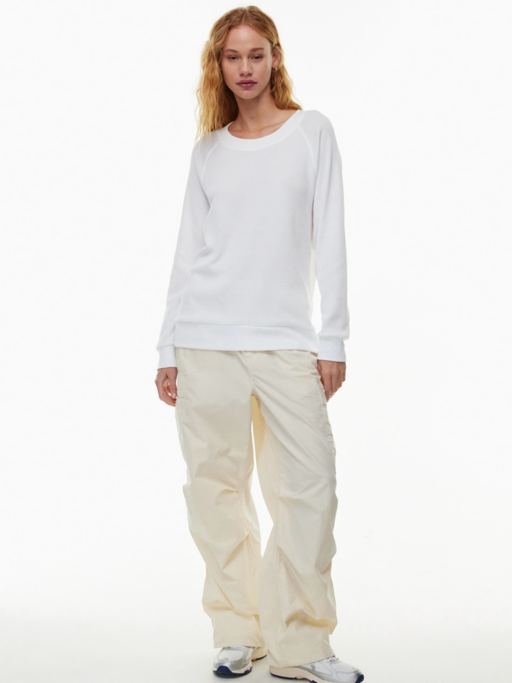 Aritzia TNA Ivory White Boyfriend Waffle Raglan Long Sleeve Relaxed Pullover - Picture 2 of 13